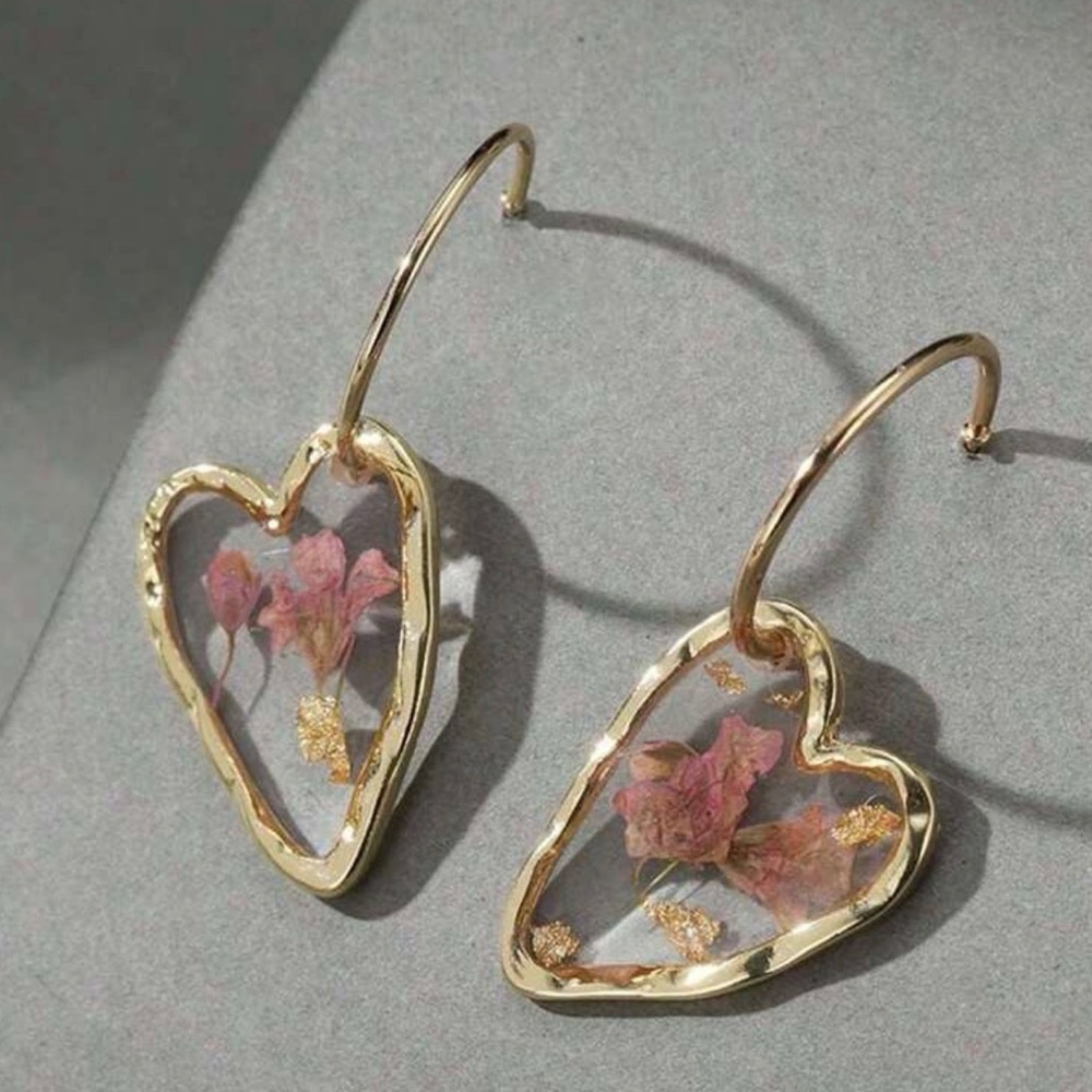 Gold Heart-Shaped Earrings with Pink Floral Accents - Picture 4 of 4
